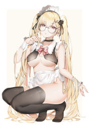 Rule 34 | 1girl, absurdres, apron, black choker, black thighhighs, blonde hair, bow, breasts, choker, ear piercing, earrings, frilled apron, frills, full body, glasses, hair ornament, hairclip, hand up, highres, jewelry, long hair, looking at viewer, maid, maid headdress, medium breasts, original, parted lips, piercing, red bow, red eyes, simple background, sleeveless, solo, thighhighs, thighs, twintails, underboob, very long hair, white apron, white headwear, yellow background, yukineko1018