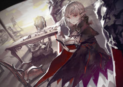 Rule 34 | 1girl, aituoku, armor, bad id, bad pixiv id, book, cape, chair, dutch angle, elf, looking at viewer, pixiv fantasia, pixiv fantasia fallen kings, pointy ears, red eyes, short hair, silver hair, smile, table, twh (artist)