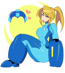 Rule 34 | 1girl, absurdres, arm cannon, armor, bad id, bad twitter id, blonde hair, blue bodysuit, blue eyes, bodysuit, breasts, highres, impossible bodysuit, impossible clothes, long hair, mega man (character), mega man (classic), mega man (series), metroid, mole, mole under mouth, nintendo, one eye closed, ponytail, postblue98, samus aran, simple background, skin tight, super smash bros., tongue, tongue out, weapon, zero suit