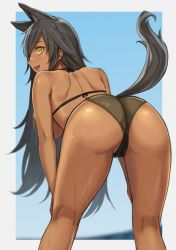 Rule 34 | 1girl, :3, absurdres, animal ears, ass, bent over, bikini, black hair, blush, breasts, brown bikini, cameltoe, cleft of venus, commission, cr-21 (girls&#039; frontline), dark-skinned female, dark skin, facial mark, female focus, girls&#039; frontline, head tilt, highres, kneepits, kuro (zhurunbo1997), large breasts, long hair, open mouth, simple background, skeb commission, solo, sweat, swimsuit, tail, two-tone background, yellow eyes
