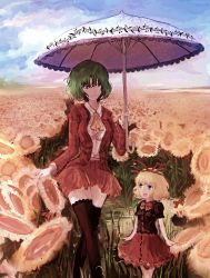 Rule 34 | 2girls, adapted costume, bad id, bad pixiv id, black legwear, blonde hair, blue eyes, blue sky, cloud, day, fairy wings, field, flower, flower field, garden of the sun, green hair, hair ornament, hair ribbon, holding, holding umbrella, kazami yuuka, long sleeves, looking at another, looking down, looking up, medicine melancholy, multiple girls, nekoya (liu), open mouth, parasol, plaid, plaid skirt, plaid vest, puffy sleeves, red eyes, revision, ribbon, shirt, short hair, short sleeves, skirt, skirt hold, skirt set, sky, smile, su-san, sunflower, sunflower field, thighhighs, touhou, umbrella, vest, wings, zettai ryouiki