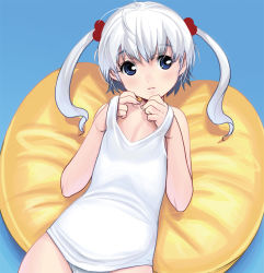 Rule 34 | 1boy, bare shoulders, blue background, blue eyes, blush, crossdressing, hair bobbles, hair ornament, kouno (masao), long hair, looking at viewer, lying, male focus, one-piece swimsuit, original, pillow, school swimsuit, simple background, solo, swimsuit, trap, twintails, white hair, white one-piece swimsuit, white school swimsuit
