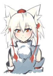 Rule 34 | 1girl, animal ear fluff, animal ears, bare shoulders, closed mouth, commentary request, cropped arms, cropped torso, hat, highres, inubashiri momiji, kakaricho dairi, looking at viewer, orange eyes, pom pom (clothes), shirt, short hair, smile, solo, split mouth, straight-on, tokin hat, touhou, upper body, white background, white hair, white shirt, white sleeves, wolf ears, wolf girl