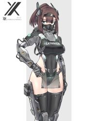 Rule 34 | 1girl, absurdres, aqua eyes, armor, breasts, brown hair, commentary request, grey background, hairband, hand on own hip, highleg, highleg leotard, highres, joints, large breasts, leotard, mask, mecha musume, original, pelvic curtain, ponytail, prosthesis, prosthetic arm, robot joints, sherman (egnk2525), standing, thighhighs, two-tone background, white background