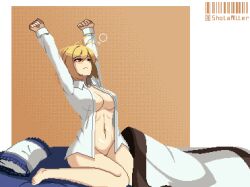 Rule 34 | 1girl, antenna hair, arcueid brunestud, arms up, blanket, blonde hair, blush, breasts, long sleeves, medium breasts, melty blood, melty blood: type lumina, naked shirt, navel, one eye closed, open clothes, open shirt, pillow, pixel art, red eyes, shirt, short hair, shotaalter, solo, stretching, thick thighs, thighs, tsukihime, waking up