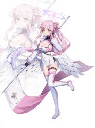 Rule 34 | 1girl, absurdres, alternate costume, black hair, blue archive, blush, boots, breasts, cleavage, closed mouth, feathered wings, full body, gloves, hair bun, halo, highres, large breasts, long hair, long sleeves, mika (blue archive), pink gloves, pink hair, pink halo, race queen, simple background, single side bun, smile, solo, thigh boots, thigh strap, two-tone gloves, ugwa, white background, white footwear, white wings, wings, yellow eyes