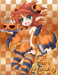 Rule 34 | 1girl, :d, checkered background, covered navel, detached sleeves, fang, food, food-themed hair ornament, fork, green eyes, hair ornament, halloween, happy halloween, ice cream, jack-o&#039;-lantern, knife, menu, naked tabard, open mouth, orange background, orange theme, pointy ears, pumpkin, pumpkin hair ornament, red hair, reku, rex (artist), short hair, smile, solo, spiked hair, standing, standing on one leg, striped clothes, striped thighhighs, tabard, thighhighs