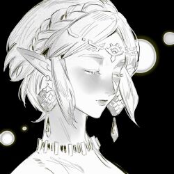 Rule 34 | 1girl, braid, circlet, closed eyes, closed mouth, crown braid, earrings, eyelashes, forehead jewel, highres, jewelry, jungujun, light particles, lips, monochrome, necklace, nintendo, pointy ears, portrait, princess zelda, short hair, sidelocks, simple background, solo, the legend of zelda