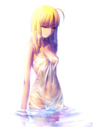 Rule 34 | 1girl, absurdres, ahoge, artoria pendragon (fate), blonde hair, breasts, cleavage, collarbone, covered navel, cropped, detexted, dress, fate/stay night, fate (series), highres, long hair, md5 mismatch, reflection, resized, saber (fate), scan, see-through, small breasts, solo, takeuchi takashi, third-party edit, wading, wet, wet clothes, wet dress, white dress, yellow eyes