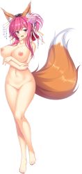Rule 34 | 1girl, animal ear fluff, animal ears, barefoot, blush, breast hold, breasts, collarbone, completely nude, crossed arms, curvy, fox ears, fox girl, fox tail, full body, game cg, hair ornament, hairpin, highres, hinata nao, huge breasts, makibashira yuuna, nail polish, navel, nipples, no pussy, nude, official art, open mouth, pink eyes, pink hair, sex open world e youkoso!, side ponytail, sidelocks, solo, tail, toenail polish, toenails, transparent background, wide hips