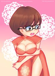 Rule 34 | 1girl, black eyes, blush, breasts, brown hair, china dress, chinese clothes, cleavage, cleavage cutout, clothing cutout, collarbone, drantyno, dress, glasses, gradient background, hanna-barbera, highres, large breasts, leaning forward, looking down, open mouth, orange dress, print dress, scooby-doo, short hair, side slit, sleeveless, sleeveless dress, teeth, two-tone background, velma dace dinkley