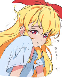 Rule 34 | 1girl, aikatsu!, aikatsu! (series), blonde hair, bow, commentary request, hair bow, hairband, half-closed eyes, hoshimiya ichigo, long hair, looking at viewer, open mouth, red bow, red eyes, red hairband, shirt, short sleeves, simple background, sleepy, solo, t-shirt, translation request, upper body, white background, white shirt, yamamura saki