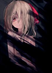 Rule 34 | 1girl, blonde hair, closed mouth, completely nude, darkness, flat chest, hair over one eye, hair ribbon, highres, lit ter, looking at viewer, medium hair, nude, red eyes, red ribbon, ribbon, rumia, solo, touhou, upper body