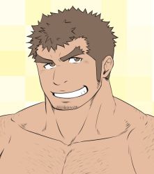 Rule 34 | 1boy, bara, brown eyes, brown hair, chest hair, collarbone, facial hair, forked eyebrows, takabushi kengo, large pectorals, long sideburns, male focus, muscular, muscular male, nude, pectorals, porkjinta, portrait, short hair, sideburns, simple background, smile, solo, stubble, thick eyebrows, tokyo houkago summoners