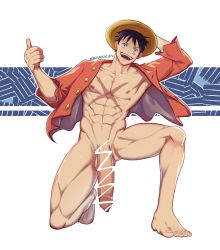 Rule 34 | 1boy, abs, bar censor, bara, black hair, body hair, censored, commission, flaccid, full body, hat, highres, kimakkun, large penis, male focus, monkey d. luffy, muscular, naked shirt, navel, nipples, one piece, pectorals, penis, scar, scar on chest, shirt, short hair, solo, straw hat, testicles, thick thighs, thighs, thumbs up