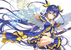 Rule 34 | 1girl, arms up, bare shoulders, birthday, blue dress, blue hair, blush, bow (weapon), character name, closed mouth, commentary request, dated, dress, earrings, english text, feathered wings, frills, gloves, hair between eyes, hair ornament, hair ribbon, happy birthday, holding, jewelry, long hair, looking at viewer, love live!, love live! school idol festival, love live! school idol project, navel, off-shoulder dress, off shoulder, ribbon, simple background, skirt, smile, solo, sonoda umi, stomach, tomiwo, twintails, very long hair, weapon, white background, white gloves, white wings, wings, yellow eyes