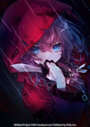 Rule 34 | 1girl, blue eyes, cross, cross necklace, dagger, dog tags, highres, holding, holding dagger, holding knife, holding weapon, hood, hood up, hooded jacket, jacket, jewelry, knife, looking at viewer, medium hair, necklace, official art, pink hair, rain, red hood, red jacket, shimogu, solo, wang xue, weapon, world dai star