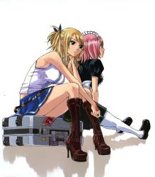 Rule 34 | 2girls, bare shoulders, black dress, black footwear, blonde hair, blue skirt, boots, bow, breasts, brown footwear, closed mouth, dress, eyebrows, eyelashes, fairy tail, high heel boots, high heels, highres, large breasts, looking to the side, lucy heartfilia, maid, maid headdress, multiple girls, official art, pink hair, pleated skirt, shirt, shoes, short hair, short sleeves, simple background, sitting, sitting on object, skirt, sleeveless, tattoo, thighhighs, virgo (fairy tail), white background, white legwear, white shirt