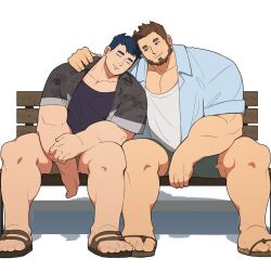 Rule 34 | 2boys, bara, beard, calf, closed mouth, couple, deadbeatincubus, facial hair, full body, green shorts, half-closed eyes, hand on another&#039;s shoulder, happy, heads together, highres, huge pectorals, incest, large pectorals, light blush, looking at another, male focus, mature male, multiple boys, muscular, muscular male, mustache stubble, oji-mama (skskdan), on bench, pectoral cleavage, pectorals, sandals, second-party source, short hair, shorts, sideburns stubble, sisimaru hoshiura, sitting, souichi hoshiura, spread legs, stubble, thick beard, thick eyebrows, yaoi