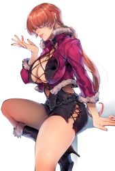 Rule 34 | 1girl, boots, breasts, choker, cleavage, cleavage cutout, clothing cutout, commentary, fur trim, hair over eyes, high heel boots, high heels, highres, jacket, kin mokusei, large breasts, miniskirt, ponytail, red hair, shadow, shermie (kof), short hair, sitting, skirt, solo, the king of fighters, the king of fighters xv, thighhighs, thighs
