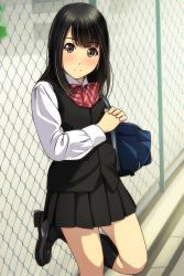 Rule 34 | 1girl, absurdres, bag, black footwear, black hair, black skirt, black socks, black vest, blush, bow, brown eyes, chain-link fence, closed mouth, collared shirt, day, diagonal stripes, fence, highres, kneehighs, loafers, long hair, long sleeves, looking at viewer, matsunaga kouyou, nose blush, original, outdoors, own hands together, pleated skirt, red bow, school bag, school uniform, shirt, shoes, skirt, smile, socks, solo, standing, standing on one leg, striped, striped bow, vest, white shirt