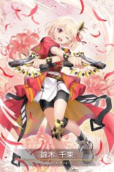 Rule 34 | 1girl, artist request, black shorts, blonde hair, brooch, card (medium), character name, coat, dithering, dress, falling petals, flower, foot out of frame, game cg, gun, handgun, heart, heart brooch, holding, holding gun, holding weapon, jewelry, looking at viewer, lycoris recoil, magia record: mahou shoujo madoka magica gaiden, mahou shoujo madoka magica, nishikigi chisato, official art, one eye closed, one side up, open mouth, petals, red coat, red eyes, red ribbon, ribbon, short hair, short sleeves, shorts, smile, solo, spider lily, teeth, translated, trigger discipline, upper teeth only, weapon, white dress, white footwear