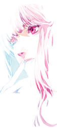 Rule 34 | 1girl, blue eyes, blue hair, chiyoko, close-up, closed mouth, finger to mouth, heterochromia, light frown, long hair, looking away, looking to the side, matching hair/eyes, multicolored hair, original, pale skin, pink eyes, pink hair, simple background, solo, white background