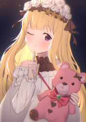 Rule 34 | 1girl, ;), bare shoulders, black shirt, blonde hair, blush, bow, cagliostro (granblue fantasy), closed mouth, commentary request, dress, eyebrows hidden by hair, finger to mouth, flower, granblue fantasy, hair flower, hair ornament, hand up, heart, highres, long hair, long sleeves, looking at viewer, off-shoulder dress, off shoulder, one eye closed, purple eyes, red bow, revision, rose, shirt, shushing, sleeveless, sleeveless shirt, sleeves past wrists, smile, solo, stuffed animal, stuffed toy, teddy bear, uneg, upper body, white dress, white flower, white rose