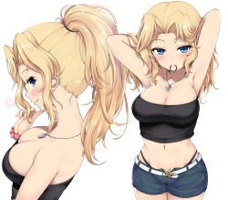 Rule 34 | 1girl, armpits, arms behind head, bare shoulders, black tube top, blush, breasts, cleavage, cowboy shot, dog tags, girls und panzer, groin, hair intakes, hands in hair, high ponytail, kasai shin, kay (girls und panzer), large breasts, long hair, looking at viewer, midriff, mouth hold, navel, scrunchie, smile, solo, strapless, tube top, white background, wrist scrunchie