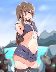 Rule 34 | 1girl, abyssal ship, arashio (kancolle), ass, bikini, black gloves, black thighhighs, blue bikini, blue skirt, blurry, blurry foreground, blush, breasts, brown hair, cosplay, covered erect nipples, day, elbow gloves, enemy naval mine (kancolle), fingerless gloves, gloves, headgear, highres, i-203 (kancolle), i-203 (kancolle) (cosplay), kanbayashi chiko, kantai collection, long hair, medium breasts, neckerchief, open mouth, outdoors, rock, sailor collar, skirt, sky, swimsuit, tentacles, thighhighs, white neckerchief, white sailor collar