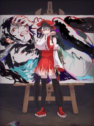 Rule 34 | 1girl, bare shoulders, black hair, black hoodie, black thighhighs, bow, chromatic aberration, clenched teeth, closed mouth, commentary request, cookie (touhou), detached sleeves, dress, easel, flame print, frilled dress, frills, full body, haburashi, hair between eyes, hair bow, hakurei reimu, hand over eye, highres, holding, holding paintbrush, hood, hoodie, long hair, looking at viewer, paint, paint splatter, paintbrush, painting (object), palette (object), red bow, red dress, red footwear, ribbon-trimmed sleeves, ribbon trim, shoes, smile, sneakers, solo, standing, teeth, thighhighs, touhou, very long hair, white sleeves, wiping mouth, yellow eyes, yuyusu (cookie)