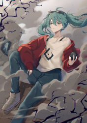 1girl absurdres apple aqua_eyes aqua_hair awai_uta black_apple black_lightning black_undershirt blue_eyes blue_hair brick_wall collarbone denim dust_cloud earrings eyewear_on_head food fruit hair_between_eyes hatsune_miku highres holding holding_food holding_fruit jacket jeans jewelry light_particles long_hair long_sleeves looking_at_viewer necklace off_shoulder on_wall open_clothes open_jacket pants parted_lips print_shirt red_jacket shirt shoes sitting sleeves_past_wrists sneakers solo suna_no_wakusei_(vocaloid) sunglasses twintails vocaloid white_footwear white_shirt