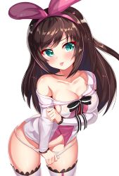 Rule 34 | 1girl, 2drr, :p, blush, breasts, brown hair, cleavage, closed mouth, collarbone, commentary request, green eyes, groin, hair ribbon, kizuna ai, kizuna ai inc., large breasts, long hair, long sleeves, multicolored hair, no bra, no pants, off shoulder, panties, panty pull, pink hair, pink ribbon, ribbon, shirt, simple background, smile, solo, streaked hair, thighhighs, tongue, tongue out, underwear, virtual youtuber, white background, white panties, white shirt, white thighhighs