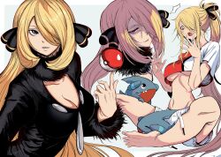 Rule 34 | 1girl, absurdres, alternate costume, blonde hair, breasts, cleavage, coat, creatures (company), cynthia (pokemon), fur collar, fur trim, game freak, gen 4 pokemon, gible, grey eyes, hair ornament, hair over one eye, highres, jesse schickler, large breasts, long hair, looking at viewer, navel, nintendo, open mouth, poke ball, pokemon, pokemon dppt, ponytail, smile, underboob, very long hair, white background