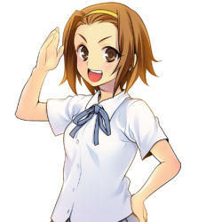 Rule 34 | &gt;:d, 00s, 1girl, :d, arm up, azu, blue ribbon, blush, brown eyes, brown hair, buttons, collared shirt, hair slicked back, hand on own hip, k-on!, looking at viewer, lowres, open mouth, ribbon, salute, school uniform, shirt, short hair, short sleeves, simple background, smile, solo, tainaka ritsu, upper body, v-shaped eyebrows, white background, wing collar