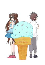 Rule 34 | 1boy, 1girl, bare arms, blue shirt, blush, brown hair, closed mouth, commentary request, creatures (company), double bun, food, game freak, grey pants, hagetapo, hair bun, holding, ice cream, ice cream cone, long hair, looking back, nate (pokemon), nintendo, pants, pink footwear, pokemon, pokemon bw2, ribbed legwear, rosa (pokemon), shirt, shoes, short sleeves, skirt, sleeveless, sleeveless shirt, sneakers, socks, standing, t-shirt, twintails, white legwear, white shirt