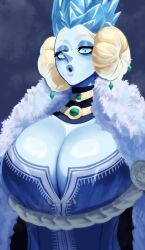 Rule 34 | 1girl, :o, absurdres, blonde hair, blue dress, blue eyes, blue skin, breasts, cape, cleavage, colored skin, crown, double bun, dress, eira lumidelle, fur-trimmed cape, fur trim, hair bun, highres, ice, large breasts, looking at viewer, narrowed eyes, open mouth, original, pointy nose, solo, sotcho, upper body