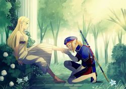 Rule 34 | 1boy, 1girl, bare shoulders, barefoot, belt, beret, blonde hair, blue coat, blue flower, blue headwear, blush, boots, bracelet, breasts, bush, closed eyes, closed mouth, coat, day, dress, earrings, feet, flower, forest, from side, gloves, grass, green eyes, hair tie, half-closed eyes, hand up, hat, ivy, jewelry, kissing foot, light rays, link, long hair, long sleeves, looking at another, master sword, nature, necklace, nintendo, on one knee, outdoors, parted bangs, pillar, pointy ears, ponytail, princess zelda, profile, rose, royal guard set (zelda), sheath, sheathed, shijima (4jima), short hair, sidelocks, silent princess, small breasts, strapless, strapless dress, the legend of zelda, the legend of zelda: breath of the wild, thigh boots, thighhighs, weapon, weapon on back, white dress, white flower, white footwear, white gloves, white rose, white thighhighs