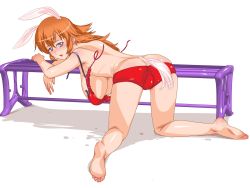 Rule 34 | 00s, 1girl, animal ears, ass, barefoot, bikini, breasts, butt crack, charlotte e. yeager, feet, hanging breasts, huge breasts, long hair, mine (peak), orange hair, rabbit ears, rabbit girl, rabbit tail, red bikini, sagging breasts, soles, solo, strike witches, swimsuit, tail, toes, world witches series