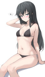 Rule 34 | 1girl, arm support, arm up, armpit crease, armpits, bare arms, bare shoulders, bikini, black bikini, black hair, blue eyes, blush, breasts, closed mouth, collarbone, embarrassed, feet out of frame, frown, halterneck, halterneck, haoni, highres, long hair, looking at viewer, navel, side-tie bikini bottom, simple background, sitting, small breasts, solo, spoken squiggle, squiggle, stomach, string bikini, swimsuit, thighs, white background, yahari ore no seishun lovecome wa machigatteiru., yukinoshita yukino