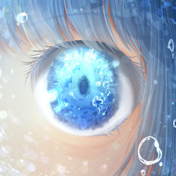 Rule 34 | air bubble, androgynous, animal, bad id, bad pixiv id, blue eyes, blue hair, blue theme, bubble, close-up, eye focus, eye reflection, eyelashes, fish, gender request, jellyfish, light particles, looking at viewer, meiya (dia douya), ocean, original, reflection, solo