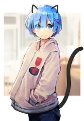 Rule 34 | 10s, 1girl, animal ears, ayami, blue eyes, blue hair, blunt bangs, blush, cat ears, cat tail, closed mouth, fake animal ears, fake tail, hair ornament, hair over one eye, has bad revision, has downscaled revision, highres, long sleeves, looking at viewer, md5 mismatch, re:zero kara hajimeru isekai seikatsu, rem (re:zero), resolution mismatch, short hair, smile, solo, source smaller, standing, tail, upper body, x hair ornament