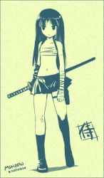 Rule 34 | 1girl, bandages, green theme, katana, miharu (cgsky), monochrome, sarashi, socks, solo, sword, weapon