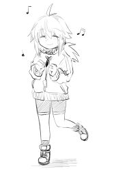 Rule 34 | 1girl, beamed sixteenth notes, bike shorts, blush, closed eyes, closed mouth, dancing, eighth note, facing viewer, full body, greyscale, hair between eyes, jacket, koshirae tsurugi (m.m), m.m, monochrome, musical note, original, quarter note, shoes, sketch, smile, socks, solo, track jacket