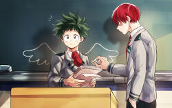 Rule 34 | 2boys, :|, black pants, blazer, blue eyes, board eraser, boku no hero academia, bright pupils, burn scar, chalk, chalkboard, classroom, closed mouth, collared shirt, curly hair, double horizontal stripe, drawing, drawn wings, freckles, green eyes, green hair, hand in pocket, hand up, hands up, head down, holding, holding chalk, holding paper, indoors, jacket, long sleeves, looking afar, looking at another, male focus, midoriya izuku, multicolored hair, multiple boys, necktie, notice lines, outstretched arm, pants, paper, profile, raised eyebrows, red hair, red necktie, reiquil, scar, scar on face, scar on hand, school uniform, shadow, shirt, short hair, sidelighting, slouching, standing, straight hair, todoroki shouto, turning head, two-tone hair, u.a. school uniform, upper body, white hair, white pupils, white shirt, wings