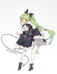 Rule 34 | 1girl, arnold-s, azur lane, black bow, black dress, black footwear, bow, chain, character name, clothes lift, dress, dress lift, framed breasts, frilled dress, frills, full body, green hair, hair bow, high heels, highres, layered dress, long hair, long sleeves, looking at viewer, official alternate costume, open mouth, pantyhose, ponytail, retrofit (azur lane), shropshire (azur lane), simple background, smile, solo, white background, white pantyhose, wide sleeves, yellow eyes