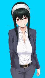 Rule 34 | 1girl, absurdres, alternate costume, arm behind back, belt, black belt, black hair, blazer, blue background, breasts, cleavage, closed mouth, collared shirt, commentary, english commentary, grey jacket, grey pants, hairband, highres, jacket, large breasts, light smile, long hair, mymzi, office lady, pants, red eyes, shirt, shirt tucked in, short hair with long locks, sidelocks, simple background, smile, solo, spy x family, white hairband, white shirt, yor briar