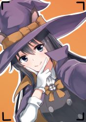 Rule 34 | 1girl, ame-rain, animal ears, asashio (kancolle), black hair, blue eyes, bow, buttons, cape, cat ears, closed mouth, commentary request, dress, gloves, hair between eyes, halloween, hat, highres, kantai collection, long hair, long sleeves, neck ribbon, official alternate costume, orange bow, pinafore dress, purple cape, purple hat, reaching, reaching towards viewer, ribbon, searchlight, selfie, shirt, simple background, sleeveless, sleeveless dress, smile, solo, white shirt, witch, witch hat