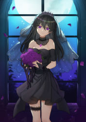 Rule 34 | 1girl, bad id, bad pixiv id, bare shoulders, black dress, black hair, bouquet, breasts, cleavage, cowboy shot, crown, detached collar, dress, flower, full moon, highres, holding, holding bouquet, indoors, jewelry, long hair, looking at viewer, moon, necklace, night, original, petals, purple eyes, purple flower, risem, see-through, smile, solo, sparkle, thigh strap, veil, very long hair, wedding dress, window
