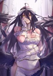 Rule 34 | 1girl, ahoge, albedo (overlord), black feathers, black hair, black wings, demon girl, demon horns, demon wings, feathered wings, feathers, gloves, hand on own face, highres, hip vent, horns, ito t20a, long hair, looking at viewer, low wings, overlord (maruyama), parted lips, slit pupils, very long hair, white gloves, white horns, wings, yellow eyes